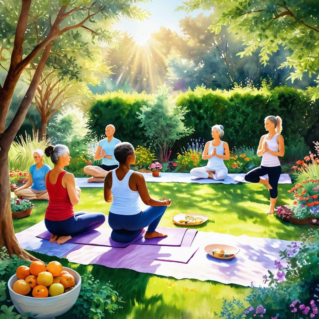 A serene and uplifting scene depicting a diverse group of cancer survivors in a garden, engaged in yoga and meditation. The sunlight filters through vibrant trees, symbolizing hope and healing. Include hands holding healthy food options, such as fruits and vegetables, showcasing nutrition as part of wellness. Soft pastel colors enhance the tranquil atmosphere. watercolor painting. vibrant colors. natural light.