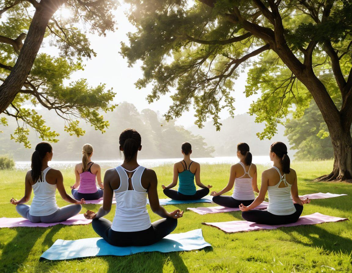 A serene landscape featuring a diverse group of individuals engaging in various wellness therapies, such as yoga and meditation, with a backdrop of soft, inviting nature scenes. Include various cancer awareness ribbons subtly integrated into the environment, symbolizing hope and support. The atmosphere should convey calmness, resilience, and empowerment. The image should have warm, vibrant colors to evoke positivity and strength. super-realistic. vibrant colors. calming background.