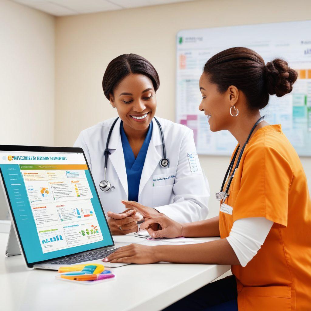 A compassionate healthcare professional guiding a patient through a vibrant oncology clinic filled with supportive resources. The background features infographics about patient advocacy and various wellness support tools, symbolizing hope and guidance. Include diverse individuals interacting, showcasing a sense of community and empathy. Bright, uplifting colors to evoke a sense of optimism. super-realistic. vibrant colors. white background.
